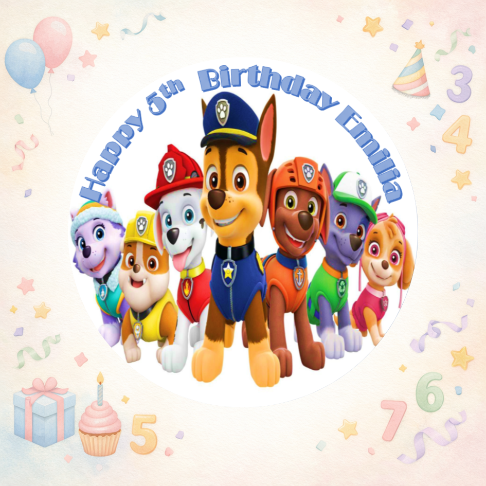 Paw Patrol Edible Cake Topper โ Personalised with Name (Team Design)