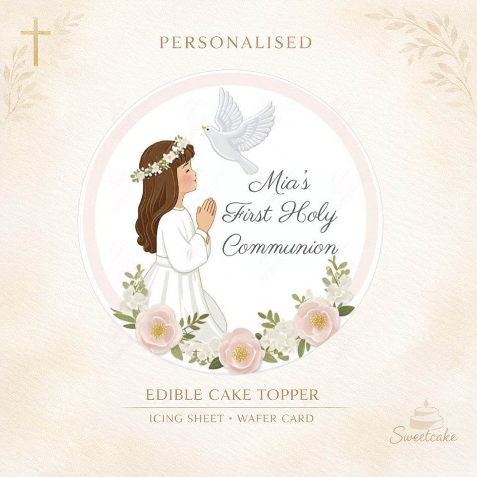 First Holy Communion Edible Topper – Girl with Dove – Personalised Wafer or Icing Sheet