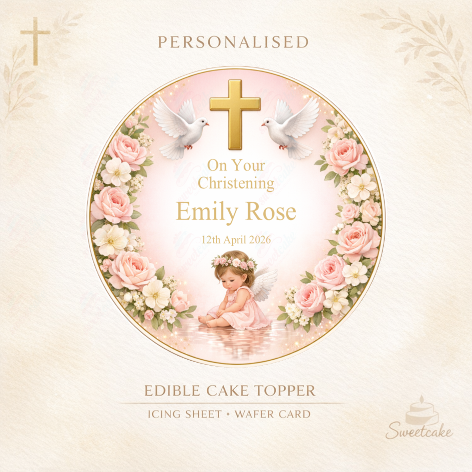 ✨ Baby Girl Christening Edible Cake Topper – Gold Cross Design (Personalised)