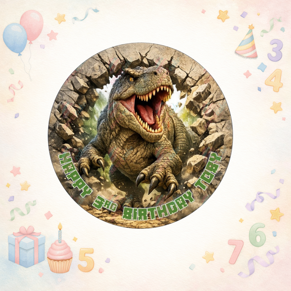 Personalised Dinosaur Birthday Edible Cake Topper โ Roaring Dino Design