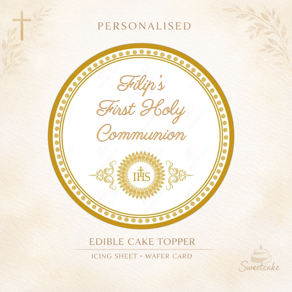 Personalised First Holy Communion Topper – Gold IHS Design – Wafer Card or Icing Sheet