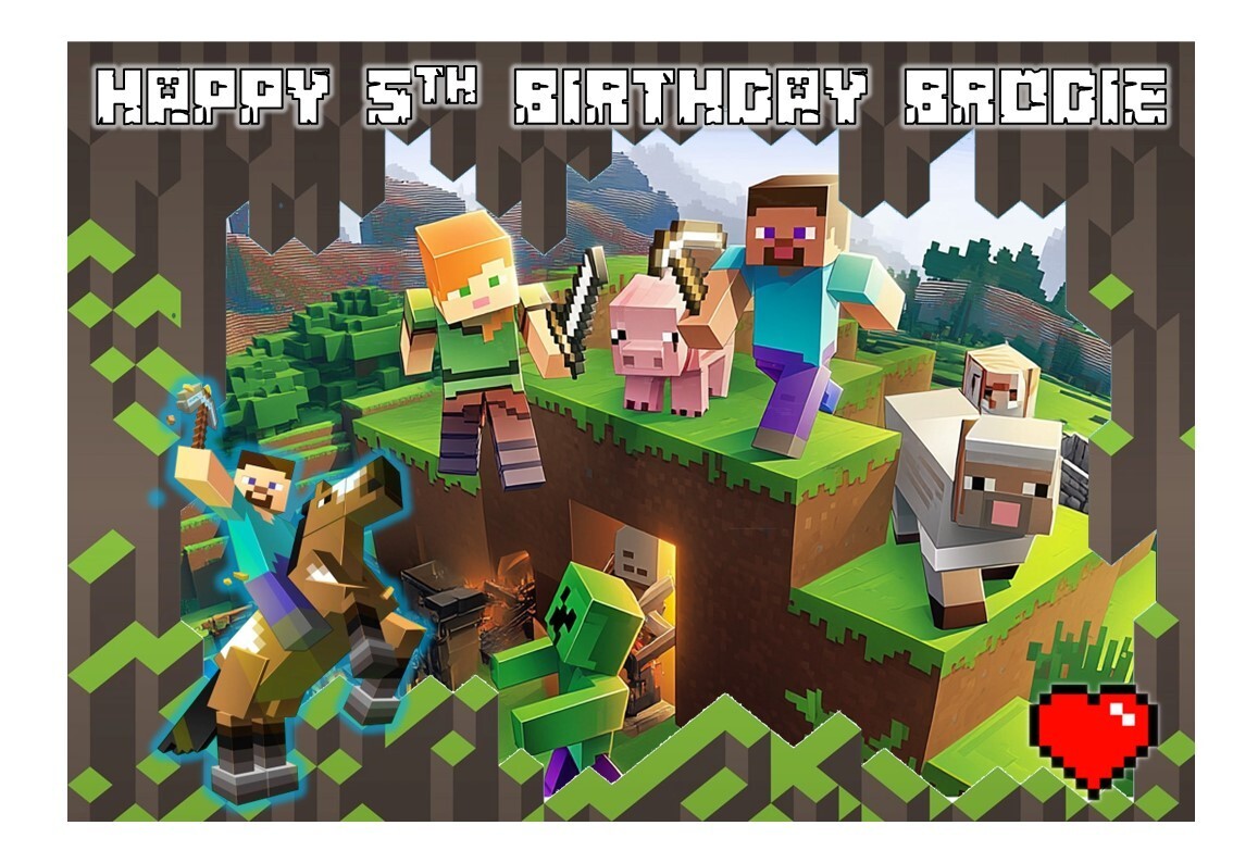 Pixelated Block Craft Gaming Personalized Edible Cake Topper