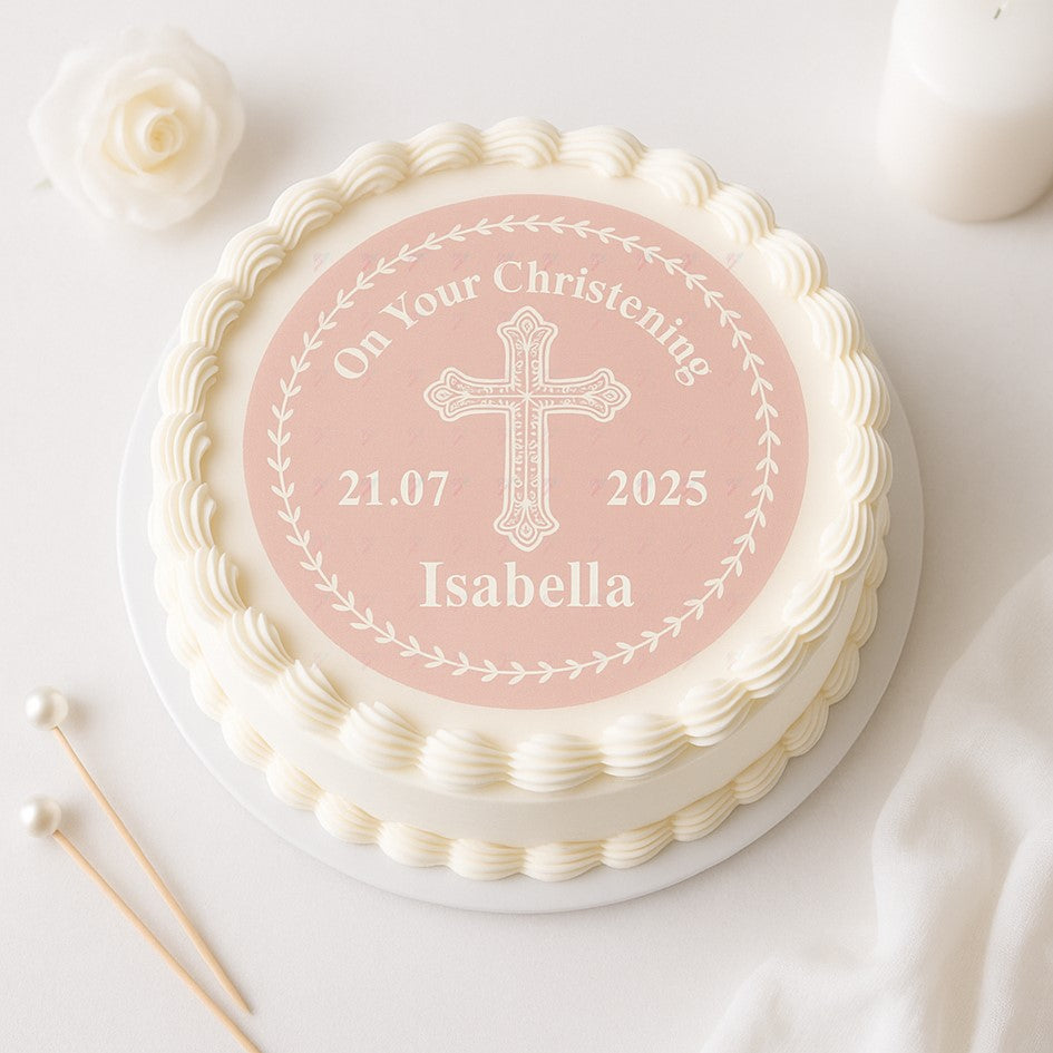 Personalised Christening or Baptism Cake Topper – Pink Cross Design – Wafer Card or Icing Sheet