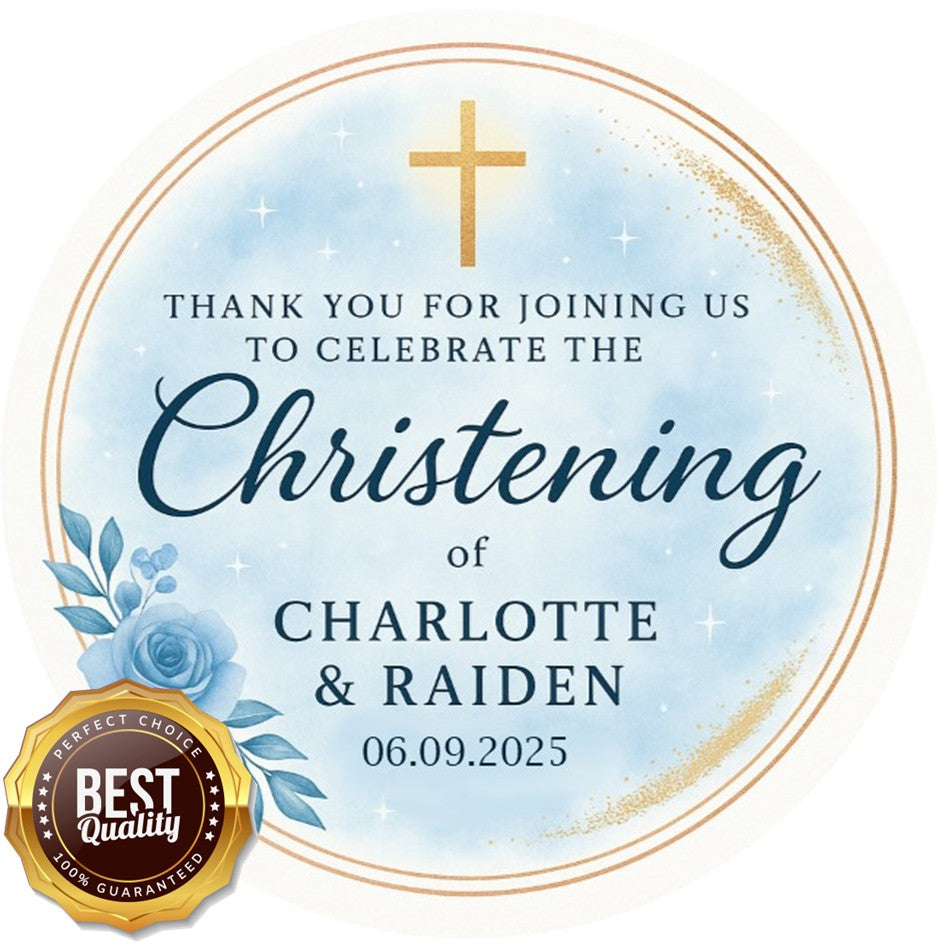 Personalised Christening or Baptism Cake Topper – Blue Floral &amp; Gold Cross – Wafer Card or Icing Sheet