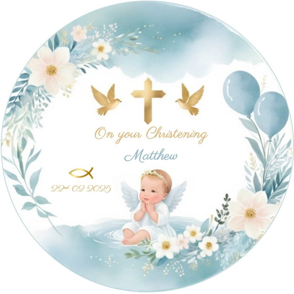 Personalised Christening or Baptism Cake Topper – Baby Angel in Blue – Wafer Card or Icing Sheet