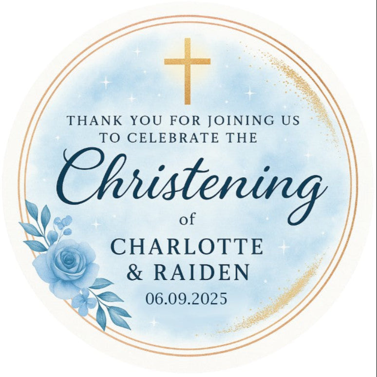 Personalised Christening or Baptism Cake Topper – Blue Floral & Gold Cross – Wafer Card or Icing Sheet
