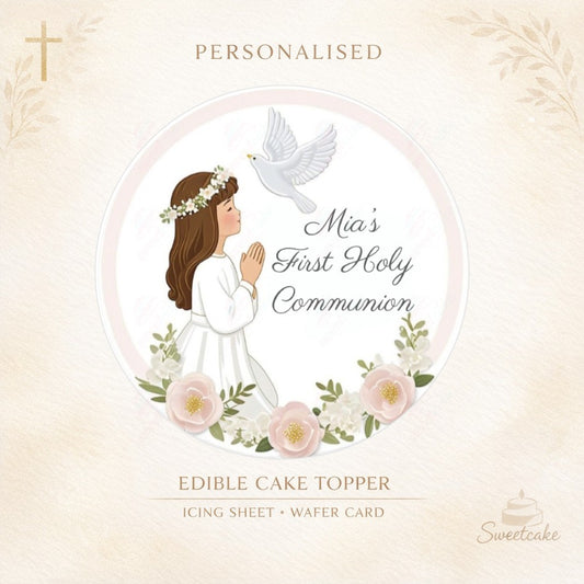 First Holy Communion Edible Topper – Girl with Dove – Personalised Wafer or Icing Sheet