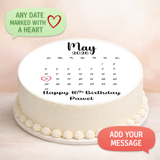Personalised Calendar Edible Cake Topper – Any Date with Heart