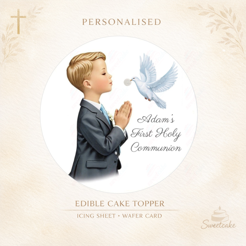 Personalised First Holy Communion Edible Topper – Boy with Dove – Wafer Card or Icing Sheet