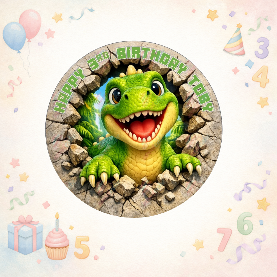Personalised Cute Dinosaur Edible Cake Topper – Birthday Design