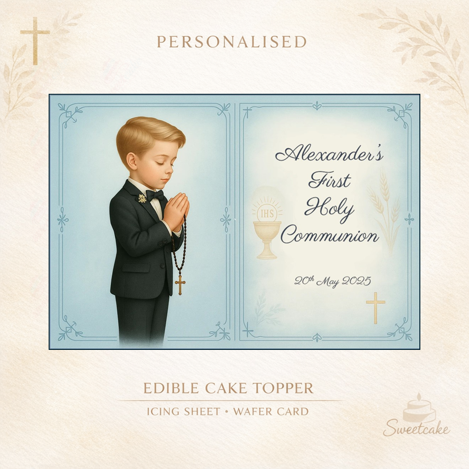 First Holy Communion Cake Topper – Boy – Rectangular – Wafer or Icing Sheet