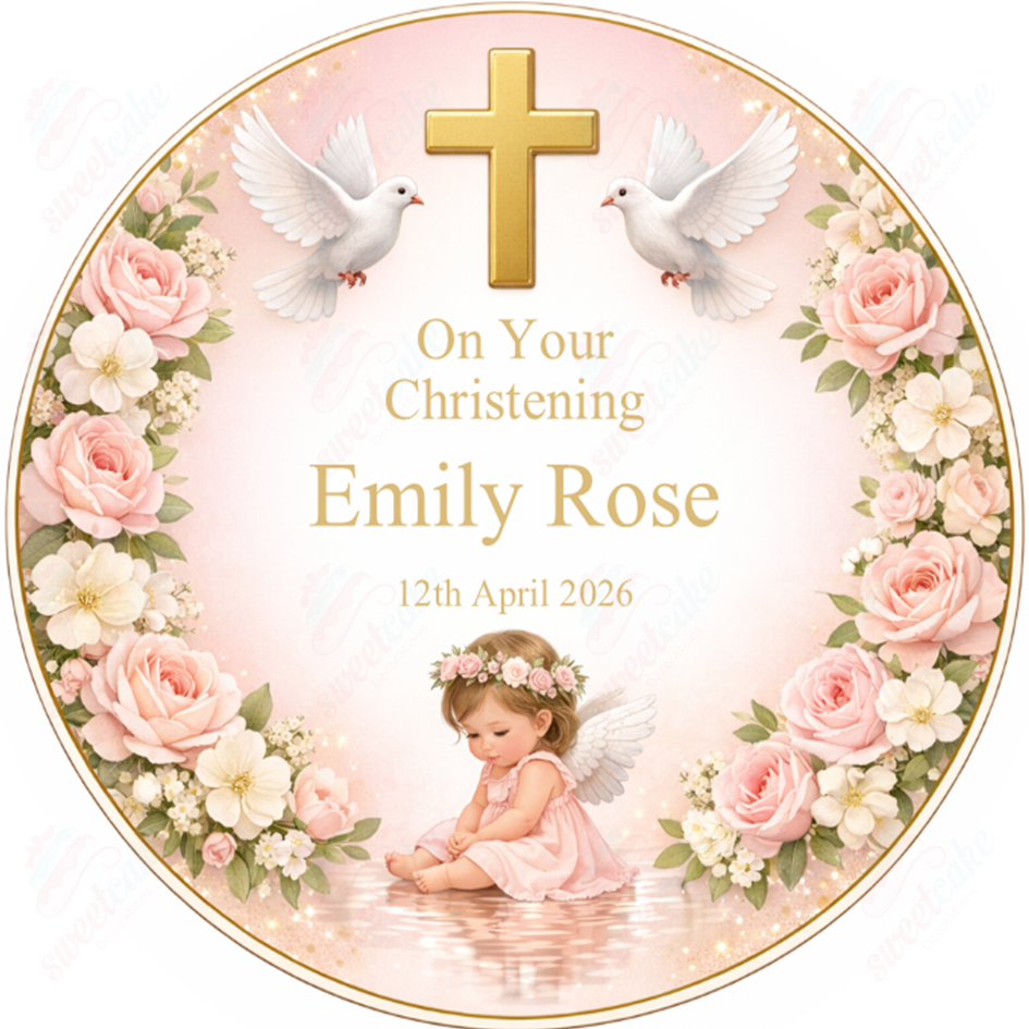 ✨ Baby Girl Christening Edible Cake Topper – Gold Cross Design (Personalised)