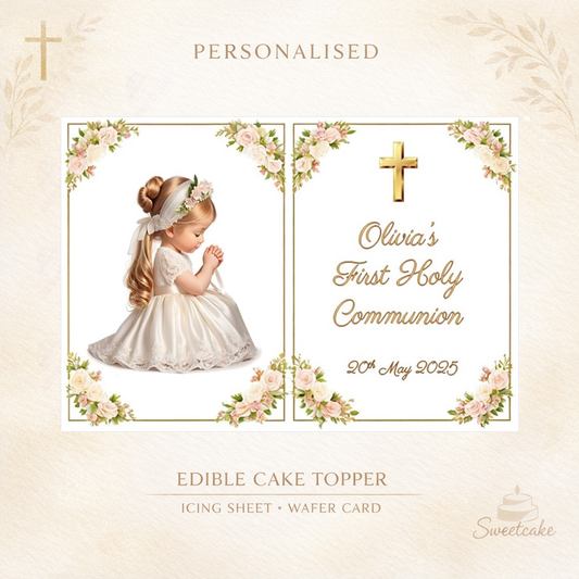 Girl’s First Holy Communion Cake Topper – Icing Sheet / Wafer Card