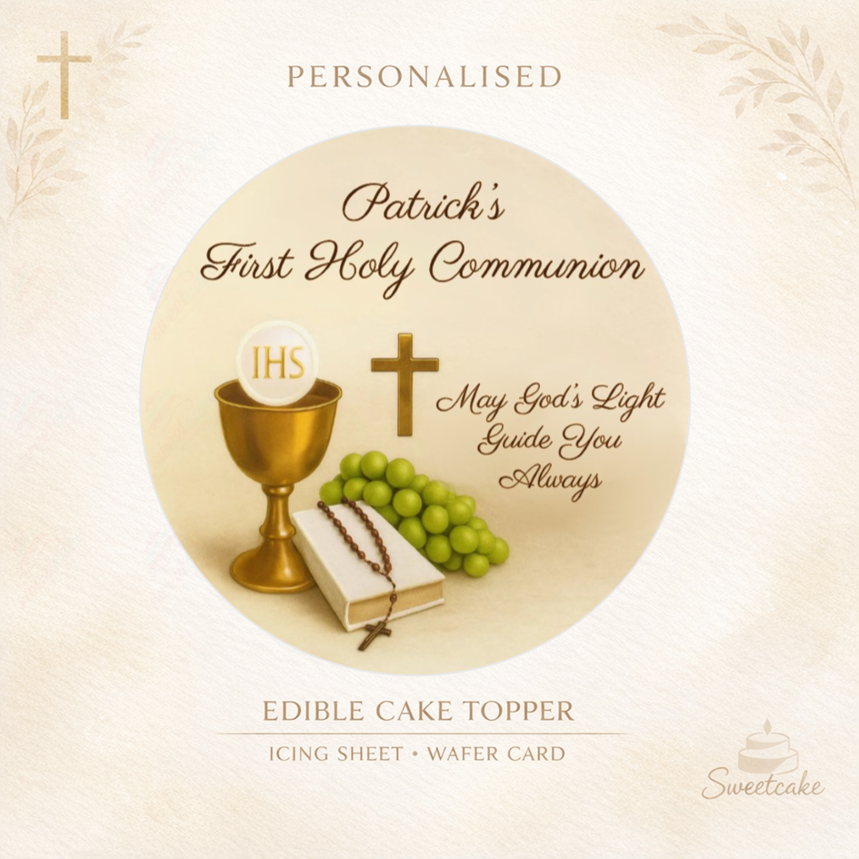First Holy Communion Cake Topper – Chalice & Bible Design – Wafer or Icing Sheet