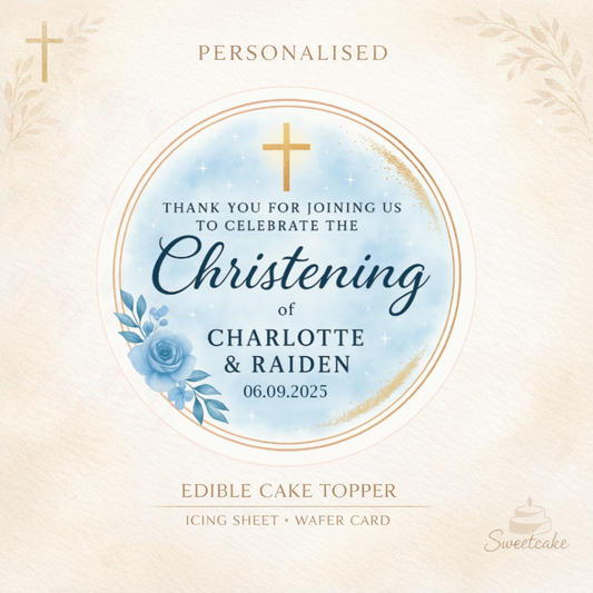 Personalised Christening or Baptism Cake Topper – Blue Floral &amp; Gold Cross – Wafer Card or Icing Sheet