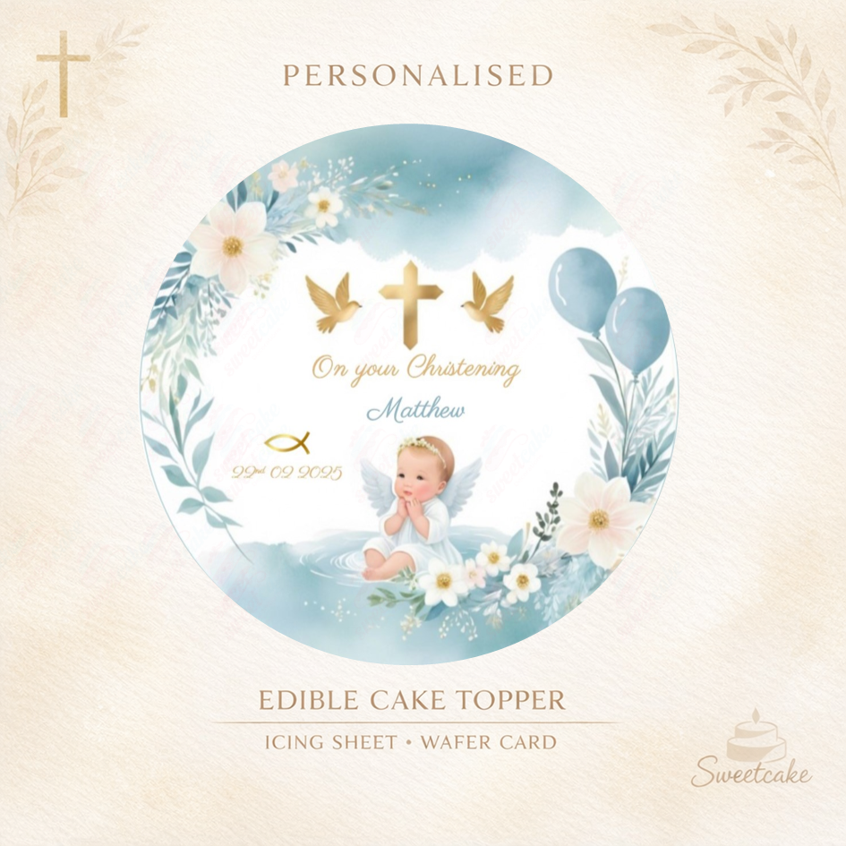 Personalised Christening or Baptism Cake Topper – Baby Angel in Blue – Wafer Card or Icing Sheet