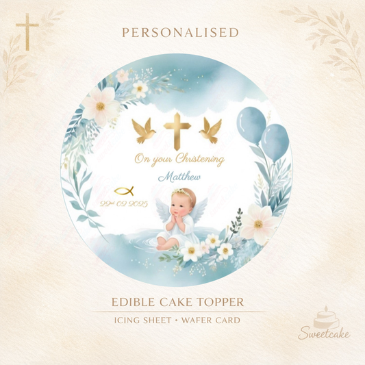 Personalised Christening or Baptism Cake Topper – Baby Angel in Blue – Wafer Card or Icing Sheet