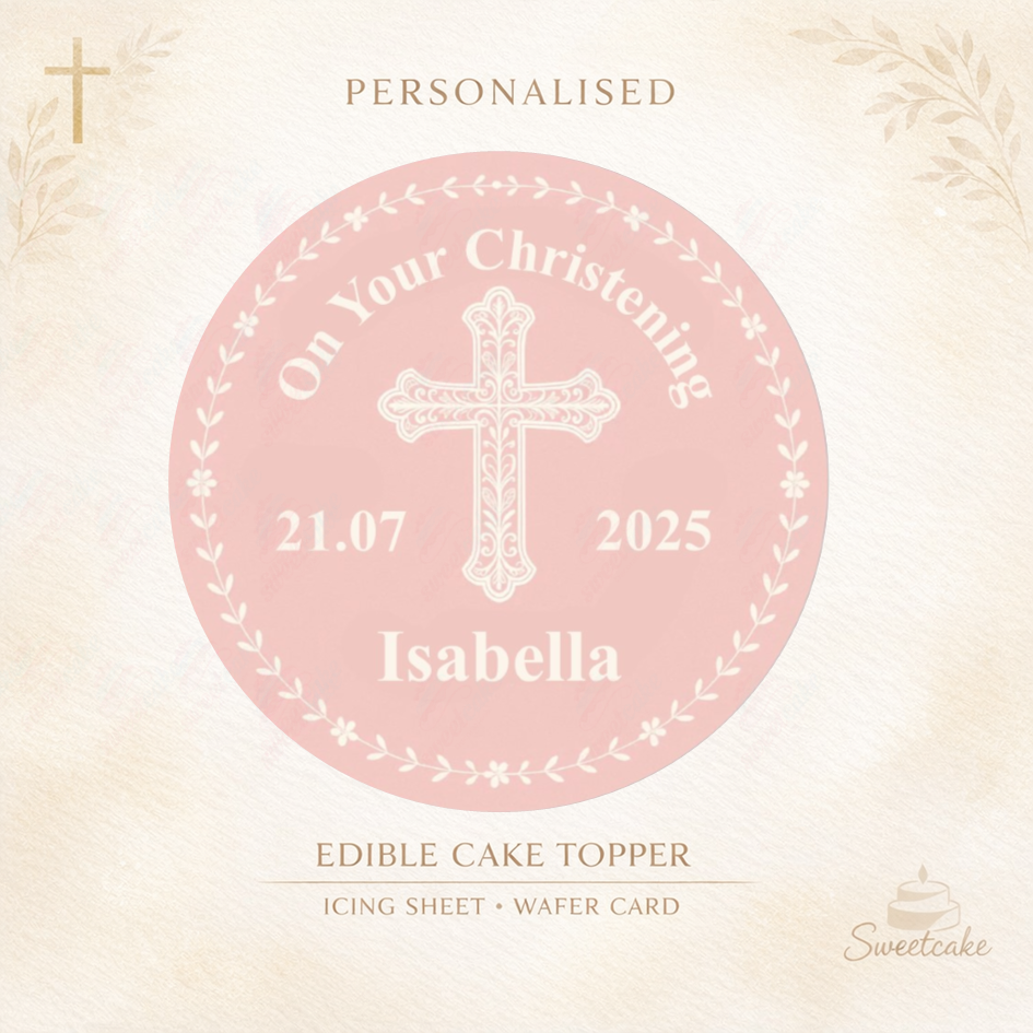 Personalised Christening or Baptism Cake Topper – Pink Cross Design – Wafer Card or Icing Sheet