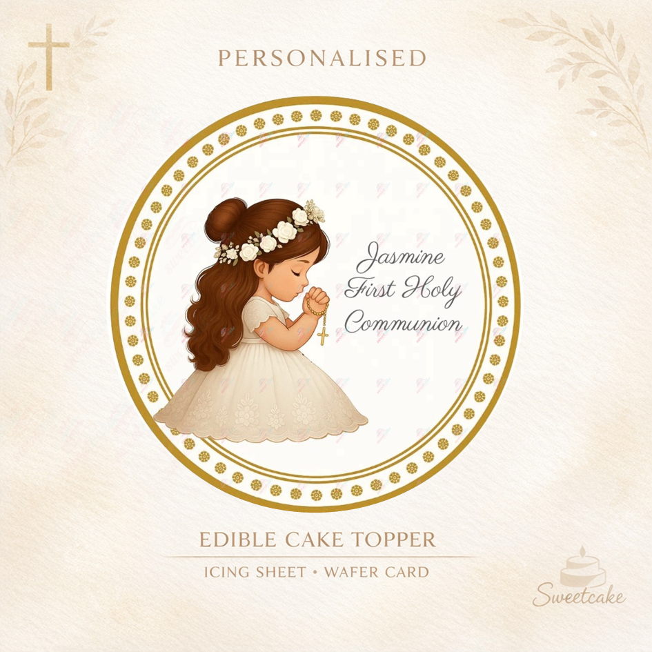 Personalised First Holy Communion Edible Cake Topper – Girl Praying – Icing Sheet or Wafer Card