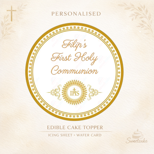 Personalised First Holy Communion Topper – Gold IHS Design – Wafer Card or Icing Sheet
