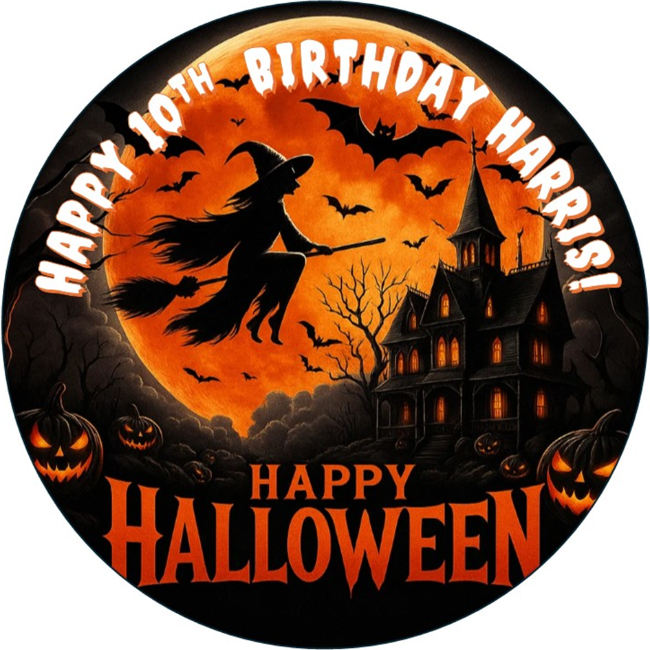 Halloween Witch & Haunted House – Personalised Edible Cake Topper