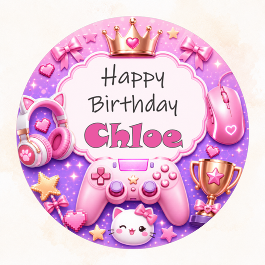 Pink Gamer Cake Topper Girl Personalised Birthday Edible Icing Wafer