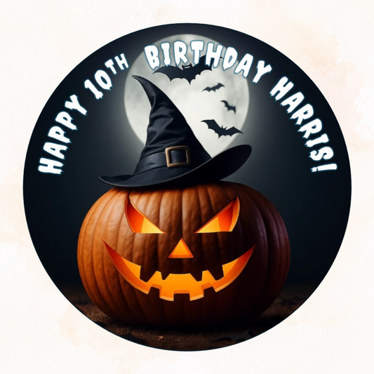 Halloween Pumpkin with Witch Hat – Personalised Edible Cake Topper