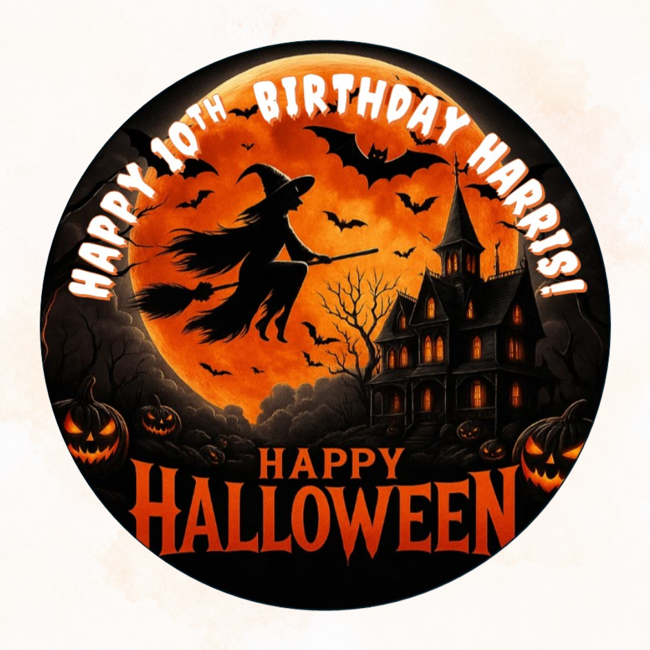 Halloween Witch & Haunted House – Personalised Edible Cake Topper