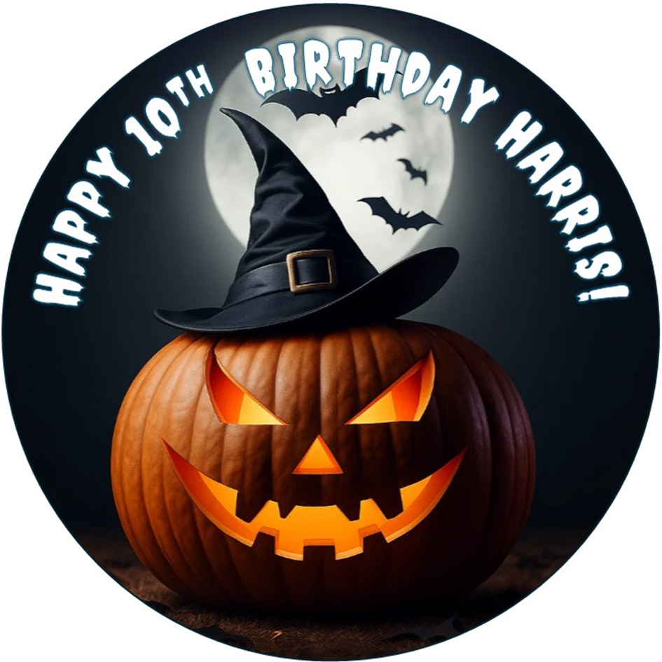 Halloween Pumpkin with Witch Hat – Personalised Edible Cake Topper