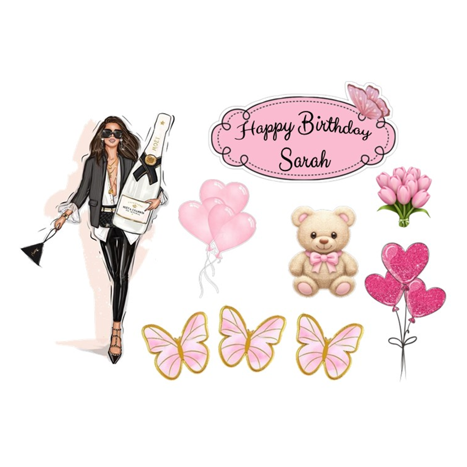 Stylish Pink Lady Birthday Topper – Personalised Edible Design