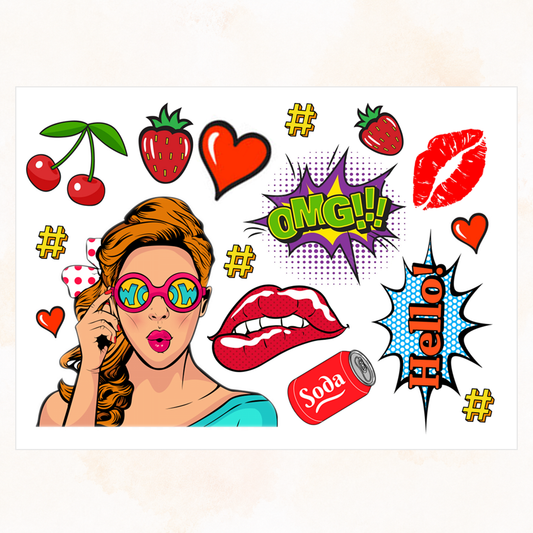 Edible Pop Art Cake Decoration Set – Vibrant Girls, Lips, Cherries & WOW! – Icing Sheet or Wafer Card
