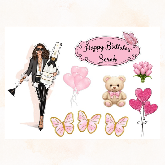 Stylish Pink Lady Birthday Topper – Personalised Edible Design