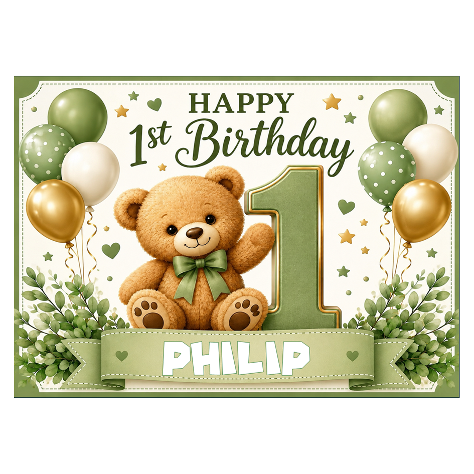 First Birthday Teddy Bear Cake Topper Any Name Edible Cake Decoration
