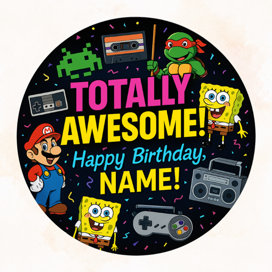 Totally Awesome Edible Cake Topper – 80s 90s Retro Birthday Theme
