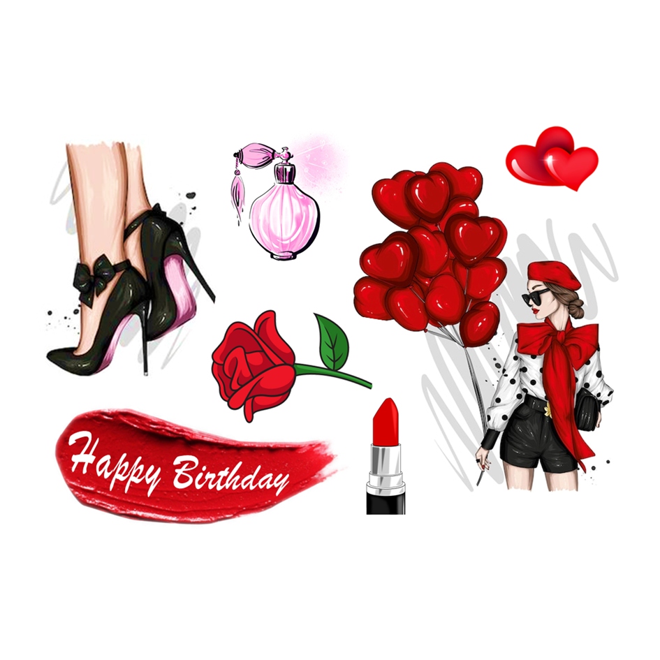 Edible Fashion Cake Decoration Set – High Heels, Lips, Perfume – Icing Sheet or Wafer Card
