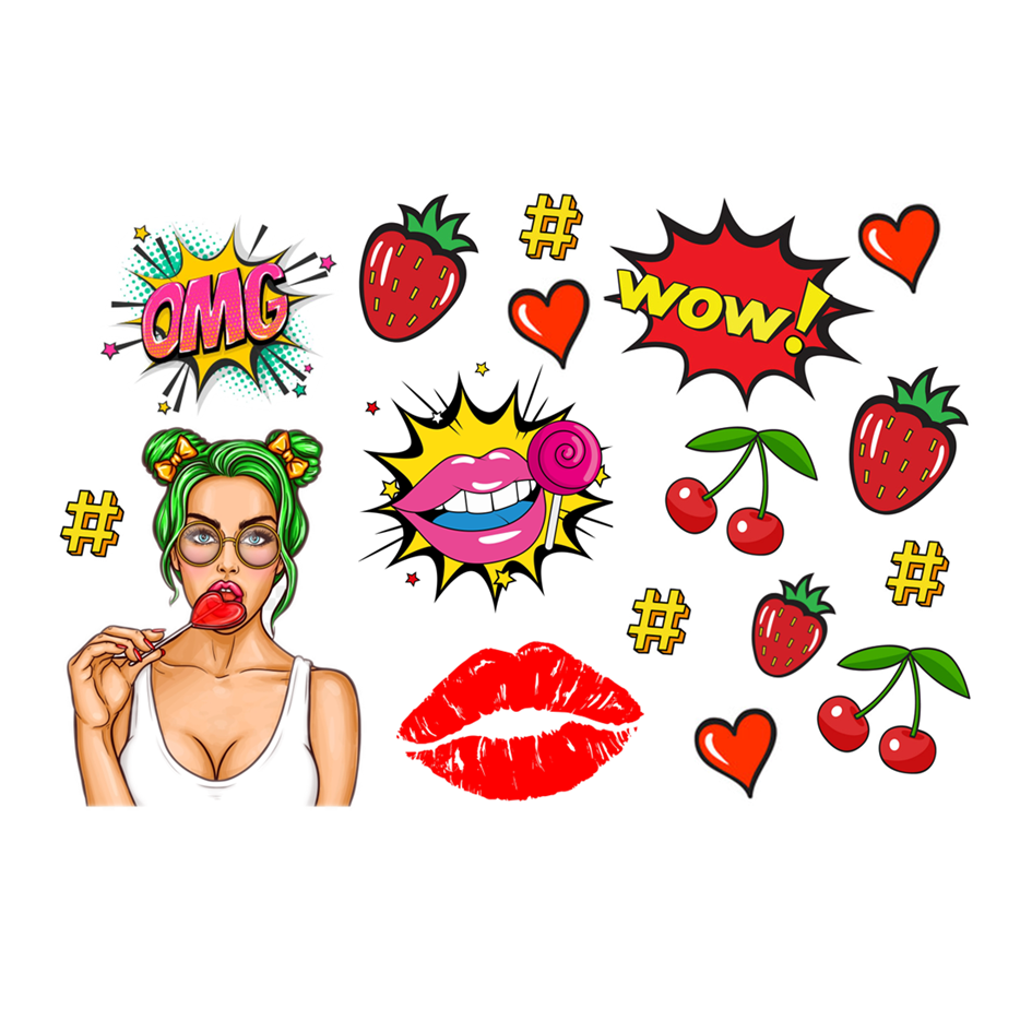 Edible Pop Art Cake Decoration Set – Vibrant Girls, Lips, Cherries & WOW! – Icing Sheet or Wafer Card