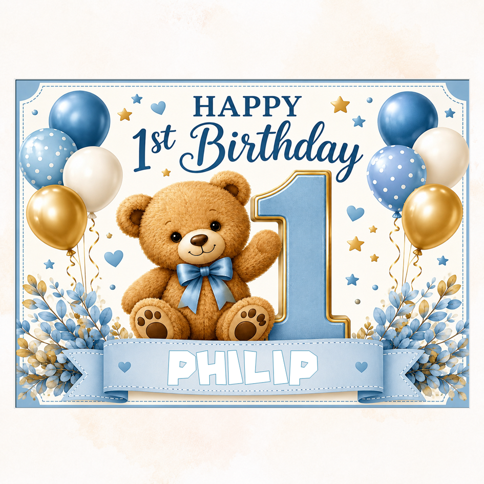 First Birthday Teddy Bear Cake Topper Any Name Edible Cake Decoration
