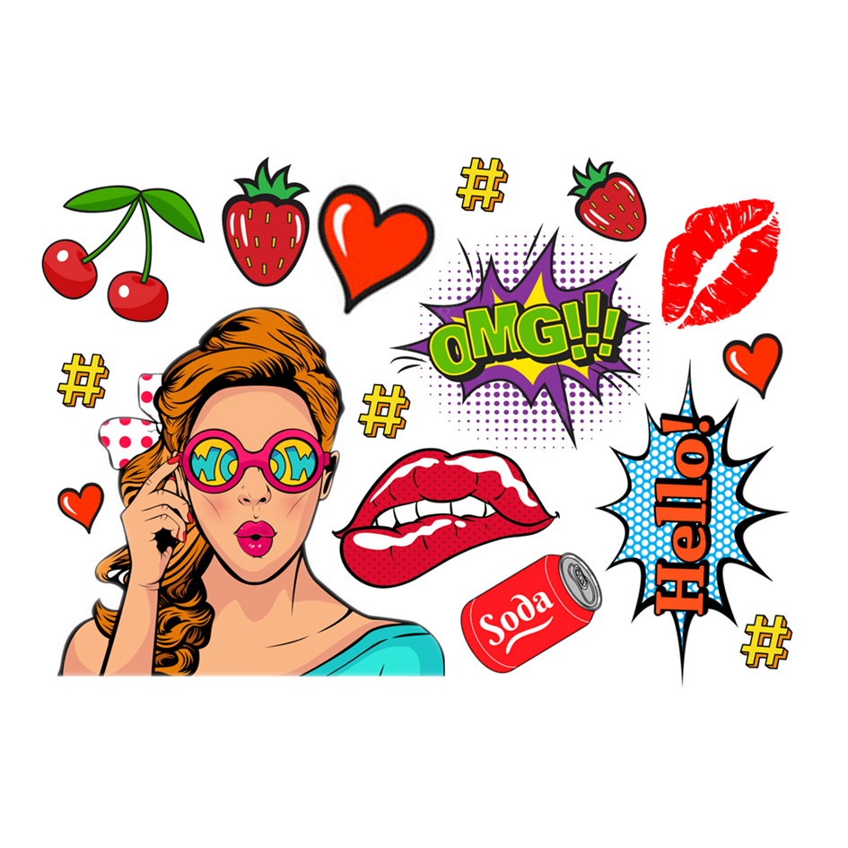 Edible Pop Art Cake Decoration Set – Vibrant Girls, Lips, Cherries & WOW! – Icing Sheet or Wafer Card