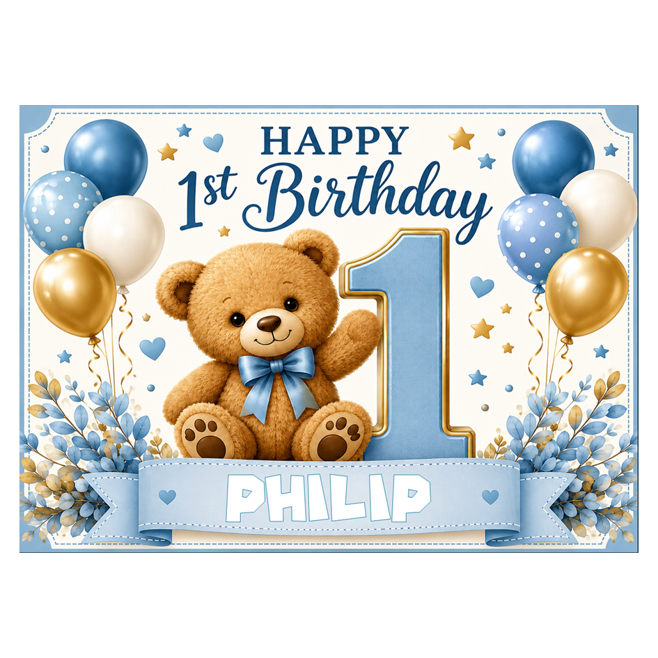 First Birthday Teddy Bear Cake Topper Any Name Edible Cake Decoration