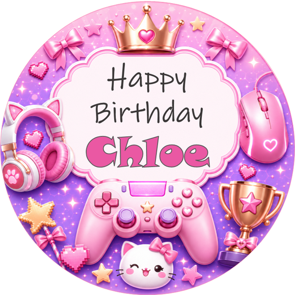 Pink Gamer Cake Topper Girl Personalised Birthday Edible Icing Wafer
