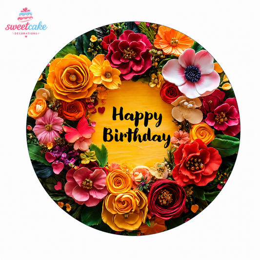 Elegant Flower Garden Edible Cake Topper – Add Your Personalized Message