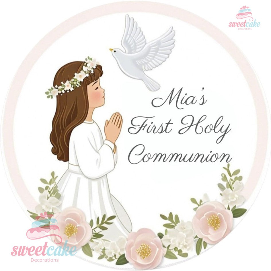 First Holy Communion Edible Topper – Girl with Dove – Personalised Wafer or Icing Sheet