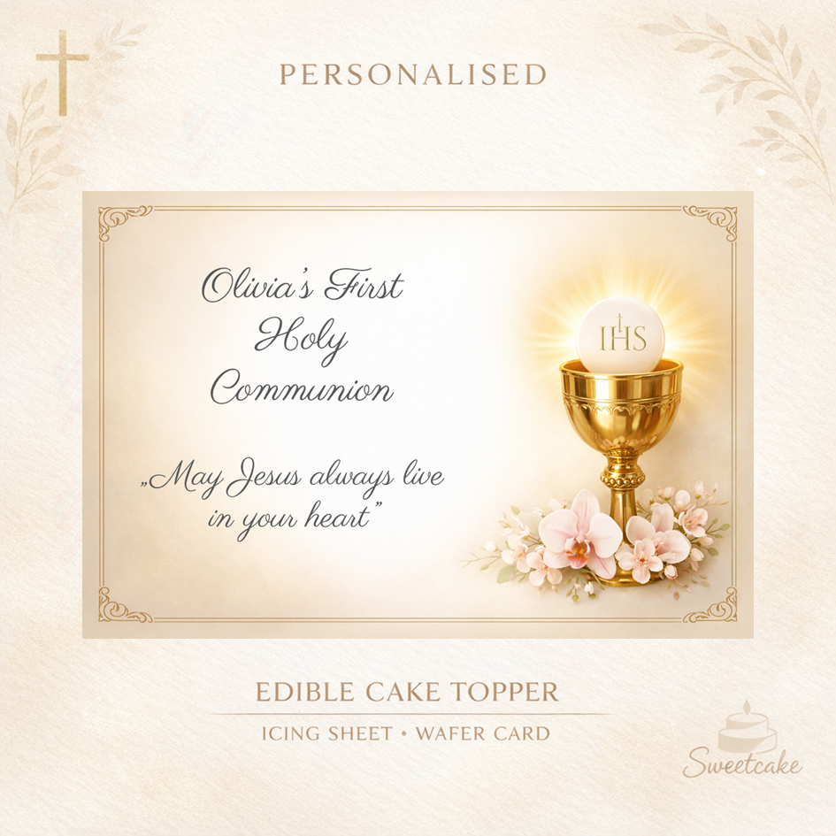 First Holy Communion Edible Cake Topper – Gold Chalice (Personalised)