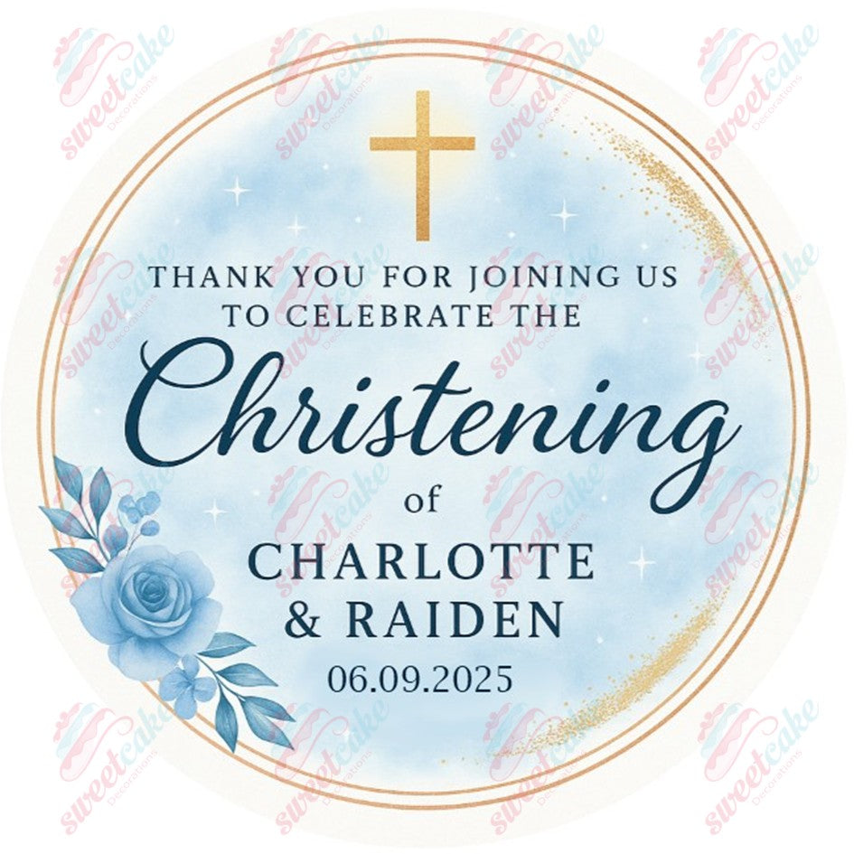 Personalised Christening or Baptism Cake Topper – Blue Floral &amp; Gold Cross – Wafer Card or Icing Sheet