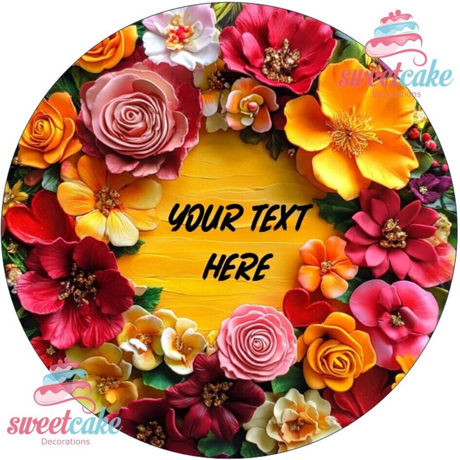 Elegant Flower Garden Edible Cake Topper – Add Your Personalized Message