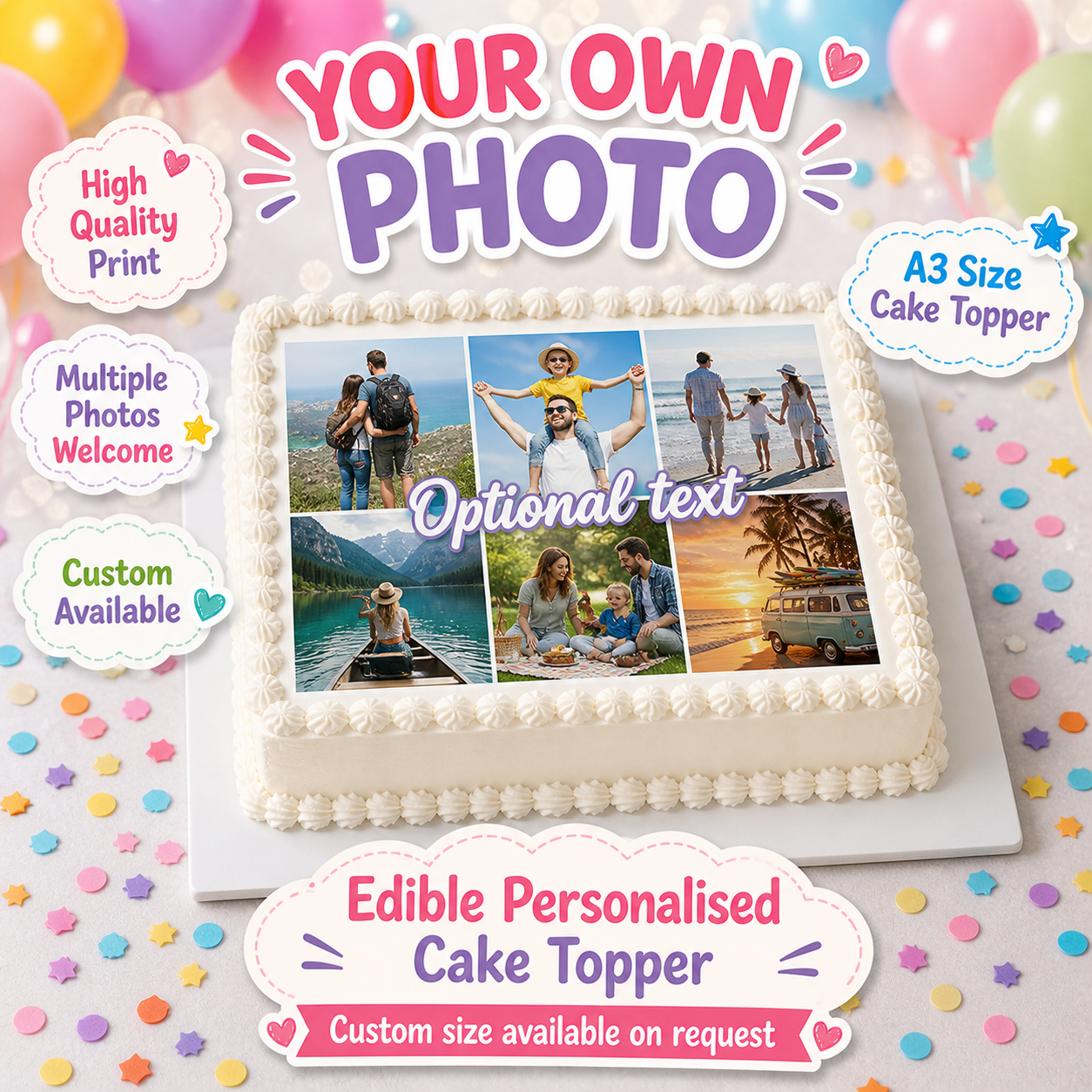 PHOTO EDIBLE CAKE TOPPER – RECTANGLE (A4 / A3 / CUSTOM SIZE) Your Ow