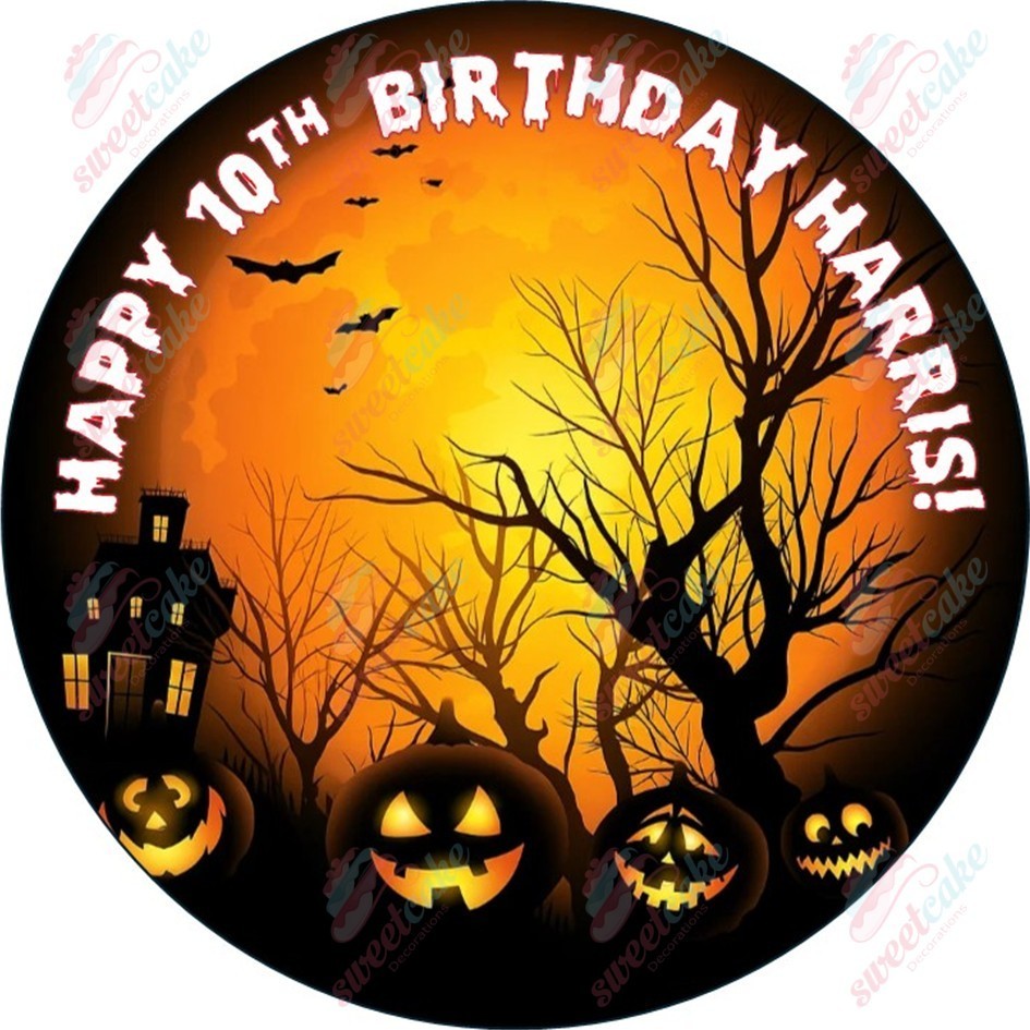 Halloween Haunted House & Pumpkins – Personalised Edible Cake Topper