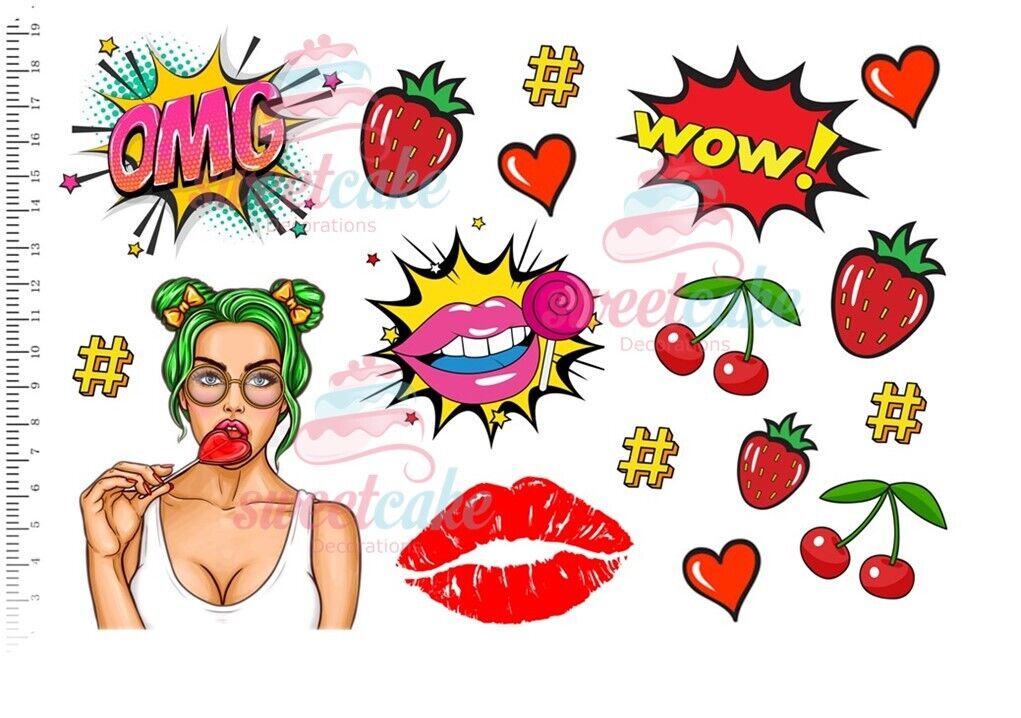 Edible Pop Art Cake Decoration Set – Vibrant Girls, Lips, Cherries & WOW! | Icing Sheet or Wafer Card