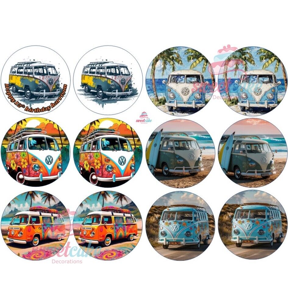 VW Camper Van Bus | Personalised Edible Cake Topper on Icing Sheet or Wafer Card