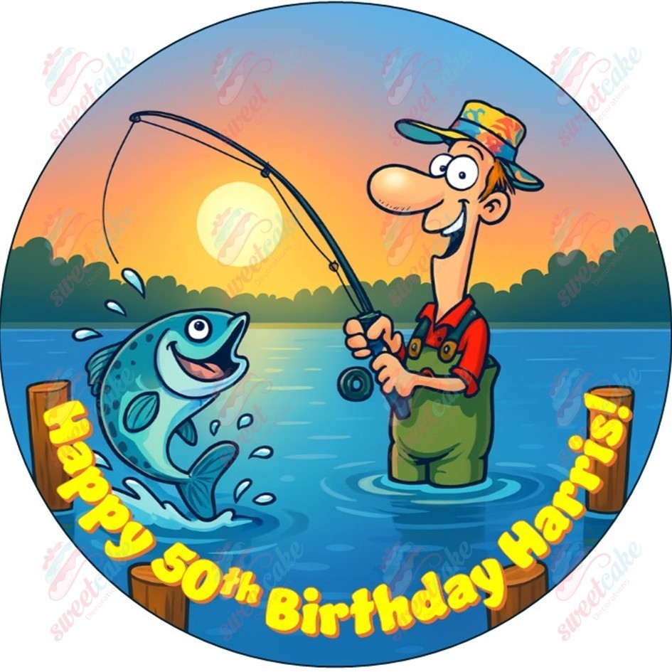 Fishing Theme Edible Cake Topper – Personalised – Icing Sheet or Wafer Card